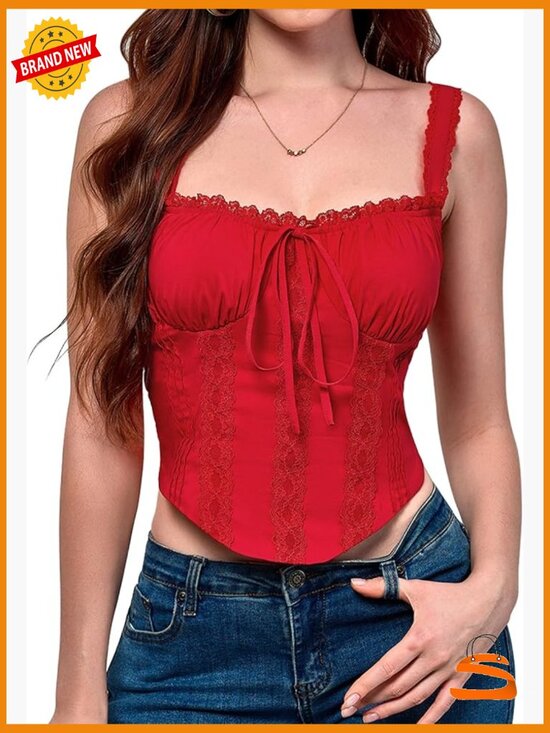 Tops - Lace Corset Top Y2K Square Neck Bustier Going Out Tank Crop Tops Women